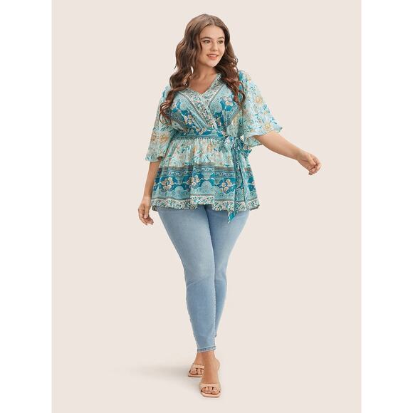 Plus Size 22 24 3X Bloomchic Boho Floral Ruffle Sleeve Belted V-Neck Blouse - Picture 2 of 5
